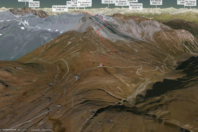Mountain route in Graubünden: Umbrailpass - Piz Umbrail - Lai da Rims - Praveder - Prà da Vau