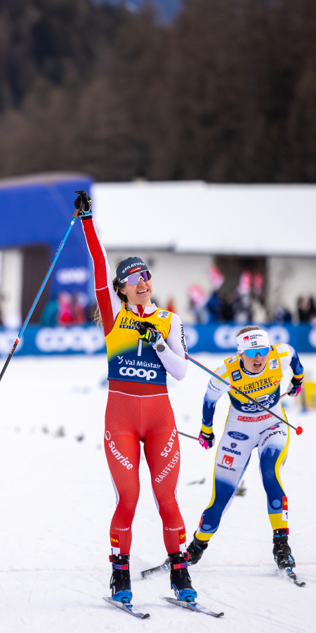 Nadine Fähndrich gewinnt den Sprint im Val Müstair.