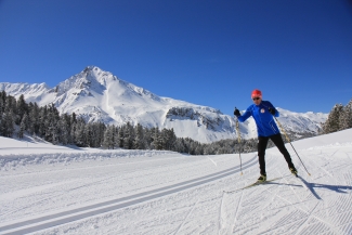 Curdin Bott beim Langlaufen in beeindruckender Landschaft mit der Bergkulisse vom Piz Daint. Curdin Bott beim Langlaufen in beeindruckender Landschaft mit der Bergkulisse vom Piz Daint.
