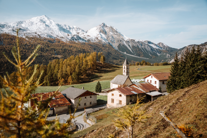 dorf, goldene lärche, goldener herbst, herbst, herbststimmung, lärche, lärchenwald, lü, piz daint, piz dora, val müstair, vm, wald, alps, landscape, mountain, mountain range, rural area, snow, town, valley, village, wilderness
